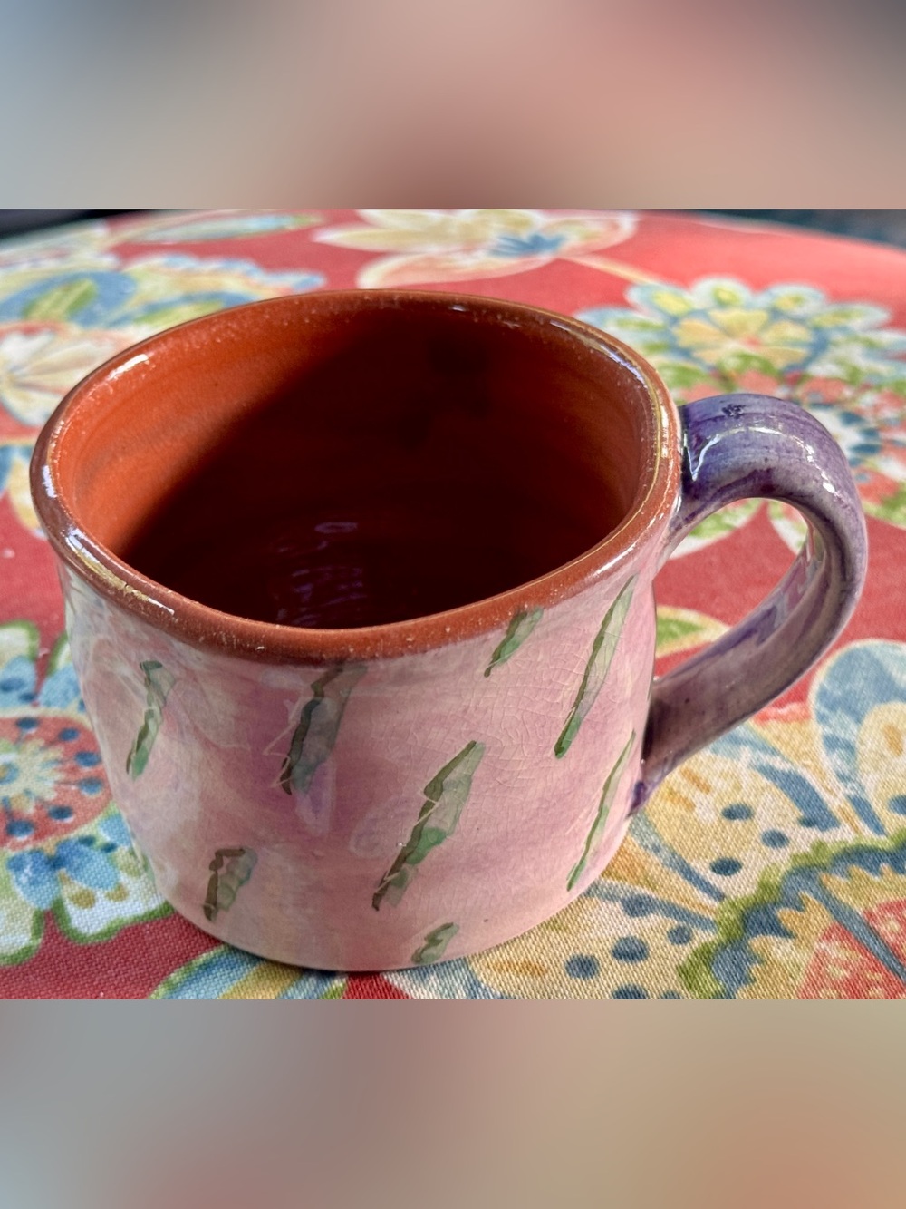Handpainted & Crafted by Artisan in Boulder, Pink Ceramic Mug with Green Accents